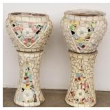 2 pottery shard jardinieres & pedestals 34" tall,