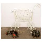 36" wide iron planter, iron sprinkler, & pottery