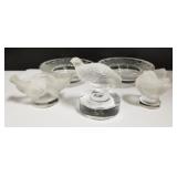 2 Lalique 3 3/4" bowls & 3 Lalique bird figures -