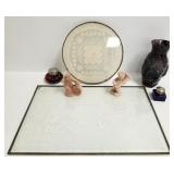 2 lace glass enclosed trays, 2 ink bottles, glass