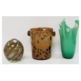 3 art glass items: 10" wine bucket, 13" vase &