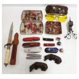 Group of pocket knives, dagger, fishing flies,