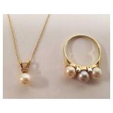 14k pearl & diamond ring size 7 1/2 and pearl and