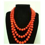 3-strand red coral bead necklace- 8 1/2mm beads,