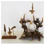 Antique antler liqueur set w/ decorated bottle &