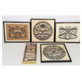 Five German paper cut outs - artist signed 12" x