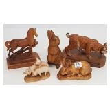 5 carved wood animal figures including bunny