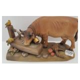 Carved wood cow at trough figure 9" wide x 5" tall