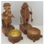2 carved match holder smoke sets 7 1/2" tall