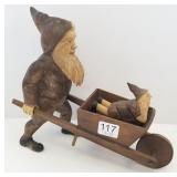 Swiss carved troll pushing wheel barrow 7 1/2"