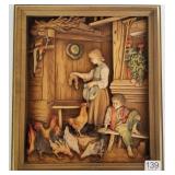 Swiss carved wood plaque - barn with chickens -