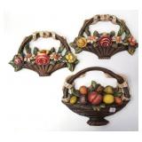 3 carved wood & decorated fruit basket plaques -