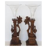 2 antique Black Forest carved wood & etched glass