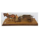 Carved wood 45/150 horse & wagon w/ farmer