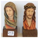 2 Anri carved busts - Jesus & Mary - 5 3/4"H