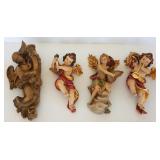4 carved wood & decorated angel figures -