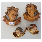 4 carved wood & decorated angel busts - 4" x 5"