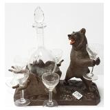 Black Forest carved wood bear motif decanter set
