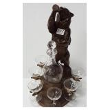 Black Forest carved wood bear motif decanter set -