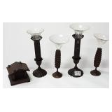 4 Black Forest carved wood bud vases with inserts