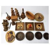 Group of angel wood carvings, wall plaques, bowls,