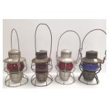 4 railroad lanterns with colored globes