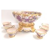 French hand painted punch bowl with 6 cups &
