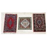 3 hand woven Oriental small rugs: two 15"x 24" &
