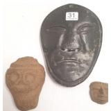 2 pre-Columbian stone faces 1 1/2" to 4" & a