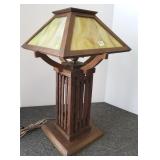 Mission oak slag glass lamp