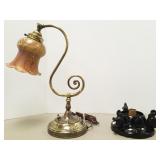 Student lamp with iridescent pulled feather shade