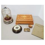 Musical bird cage, jewelry box, barometer, etc