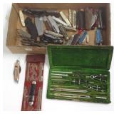 Group of assorted pocket knives, drafting sets,
