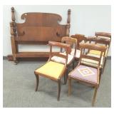 Walnut 4 poster bed with rails & 6 chairs