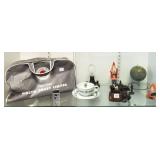 Railroad bag, vintage Santas, mini globe, etc