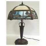 Antique table lamp with bent slag glass shade