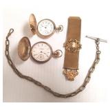 2 antique pocket watches & 2 watch chains