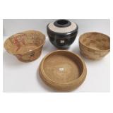 Signed pottery vessel with copper band & 3 woven