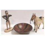 Folk art horse toy, whirligig & bowl