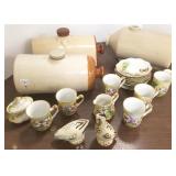 3 stoneware hot bottles & group of hand painted