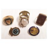 Three 10k gold rings & 2 pins (as seen)