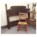 Mahogany 4-poster bed, chair & decorated rocker