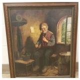 Antique framed signed oil on canvas "wine tasting"