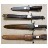 3 bayonets with scabbards & a U.S. fighting knife