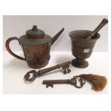 Bronze mortar & pestle, copper pot & large brass