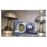 2 Deco blue glass clocks & a pair of spun
