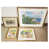 Framed pencil signed etching, 2 watercolors,