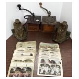 2 antique coffee grinders, pair metal bookends &