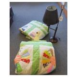 2 twin patchwork quilts & a brass lamp