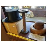 Folding opera top hot, hat block, wood spool